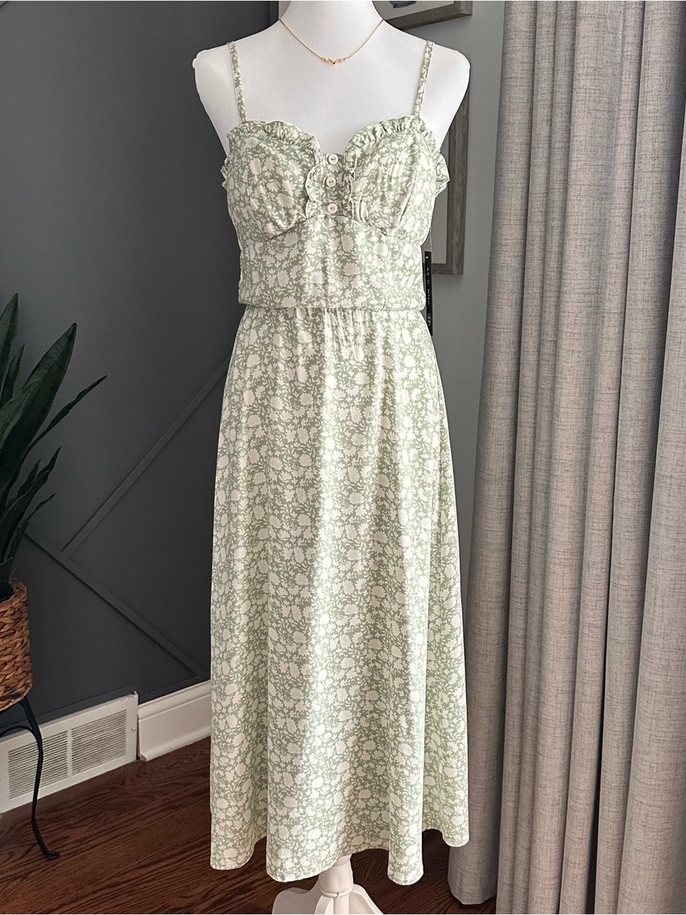 As U Wish Sage Green Floral Midi Dress with Spaghetti Straps
